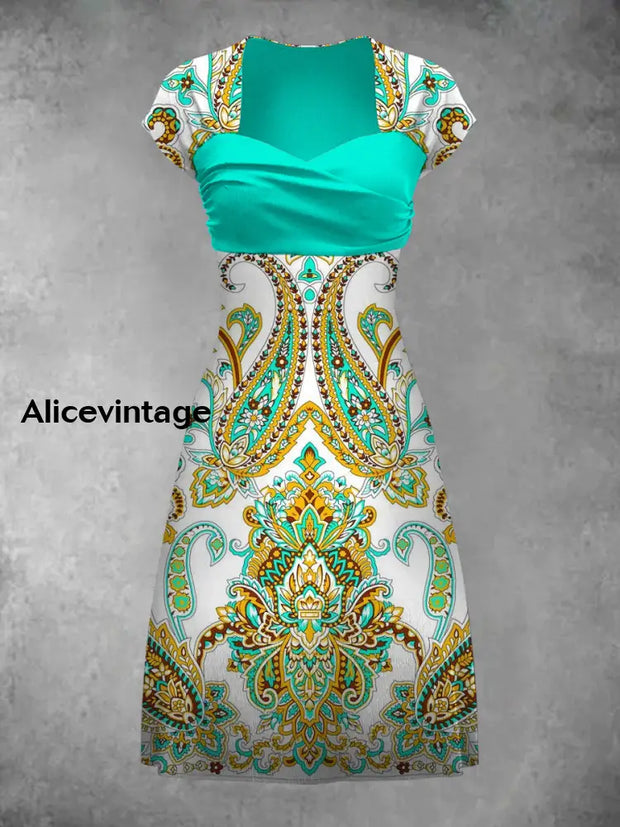 Retro Bohemian Style Art Print Elegant Chic Short-Sleeved Temperament Dress A / S