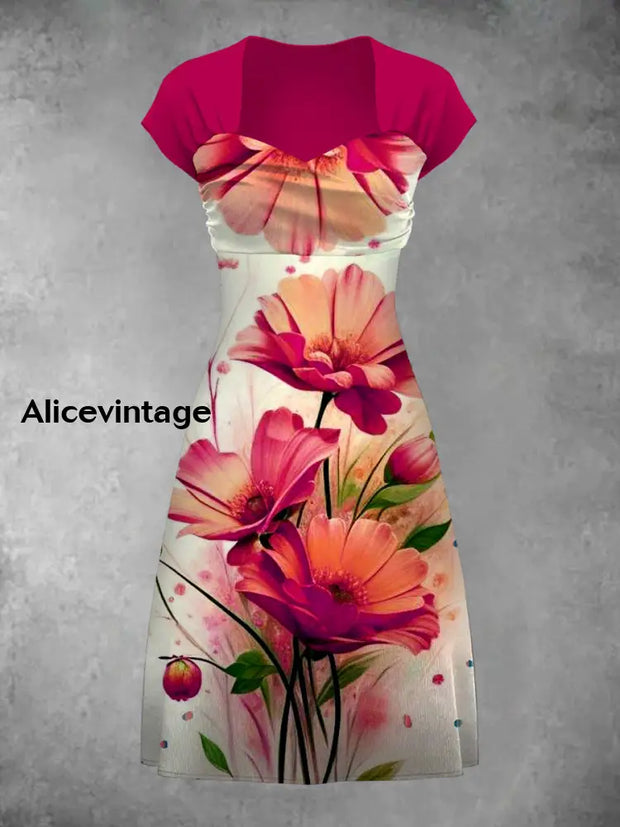 Retro Bohemian Style Art Print Elegant Chic Short-Sleeved Temperament Dress A / S