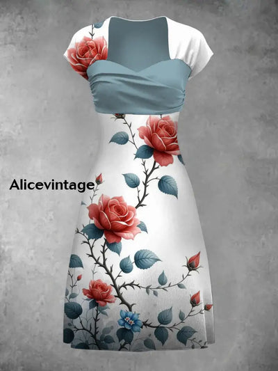 Retro Bohemian Style Art Print Elegant Chic Short-Sleeved Temperament Dress A / S