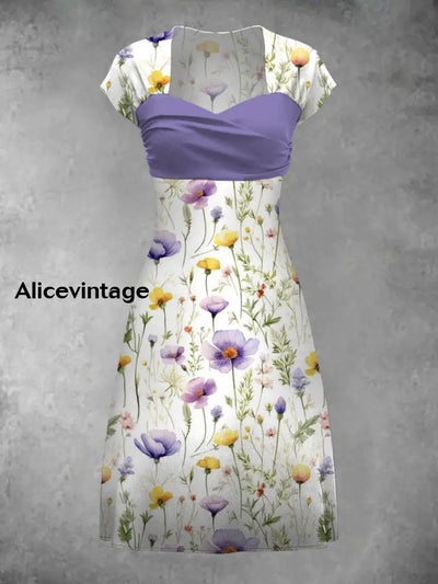 Retro Bohemian Style Art Print Elegant Chic Short-Sleeved Temperament Dress A / S