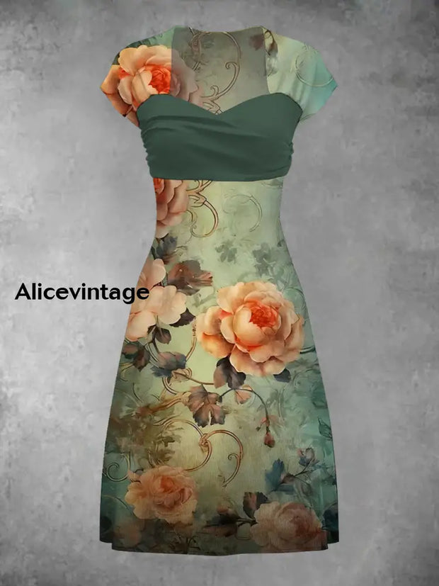 Retro Bohemian Style Art Print Elegant Chic Short-Sleeved Temperament Dress A / S