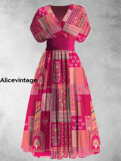 Retro Boho Art Print Elegant V-Neck Chic Short Sleeve Maxi Dress A / S