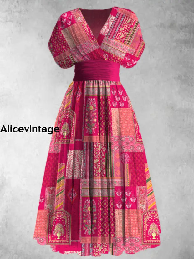 Retro Boho Art Print Elegant V-Neck Chic Short Sleeve Maxi Dress A / S