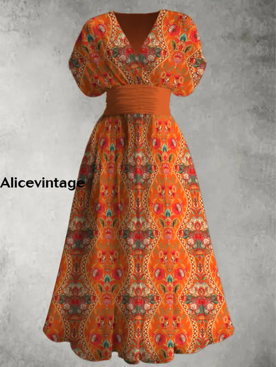 Retro Boho Art Print Elegant V-Neck Chic Short Sleeve Maxi Dress A / S