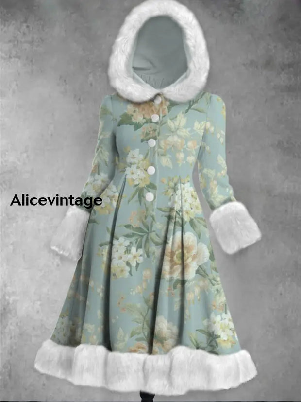 Retro Boho Flora Art Printed Elegance Furry Cuff Thick Long-Sleeved Fur Hooded Coat Midi Dress