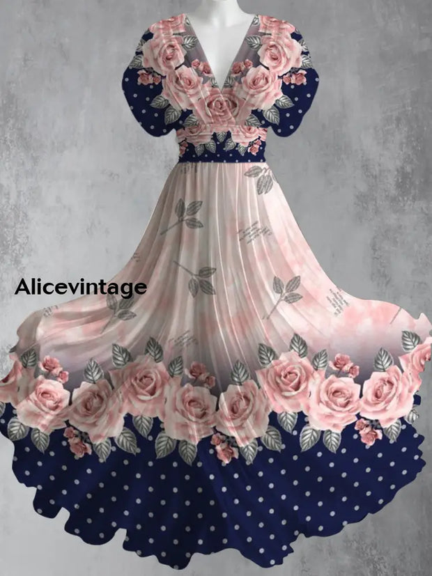 Retro Boho Floral Art Print V-Neck Short Sleeve Vintage Elegant Maxi Dress A / S