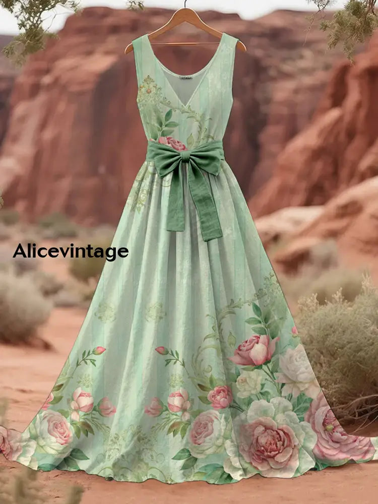 Retro Boho Floral Art Print V-Neck Sleeveless Cotton Maxi Dress