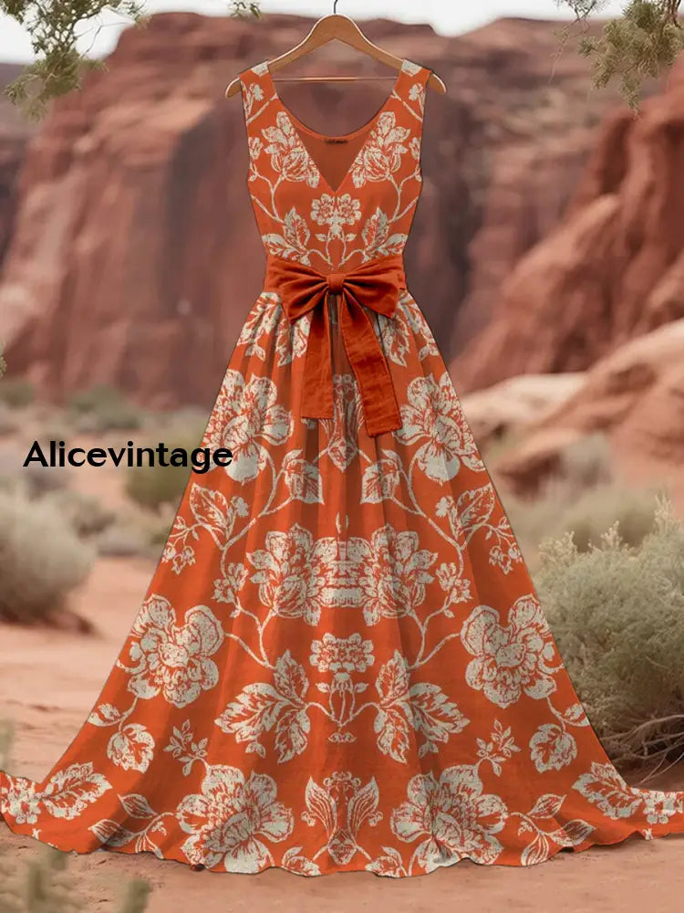 Retro Boho Floral Art Print V-Neck Sleeveless Cotton Maxi Dress A / S