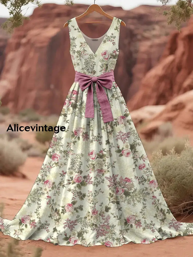 Retro Boho Floral Art Print V-Neck Sleeveless Cotton Maxi Dress A / S