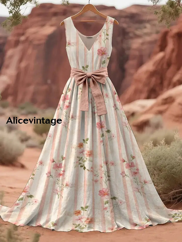 Retro Boho Floral Art Print V-Neck Sleeveless Cotton Maxi Dress A / S