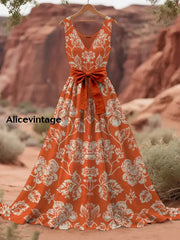 Retro Boho Floral Art Print V-Neck Sleeveless Cotton Maxi Dress A / S