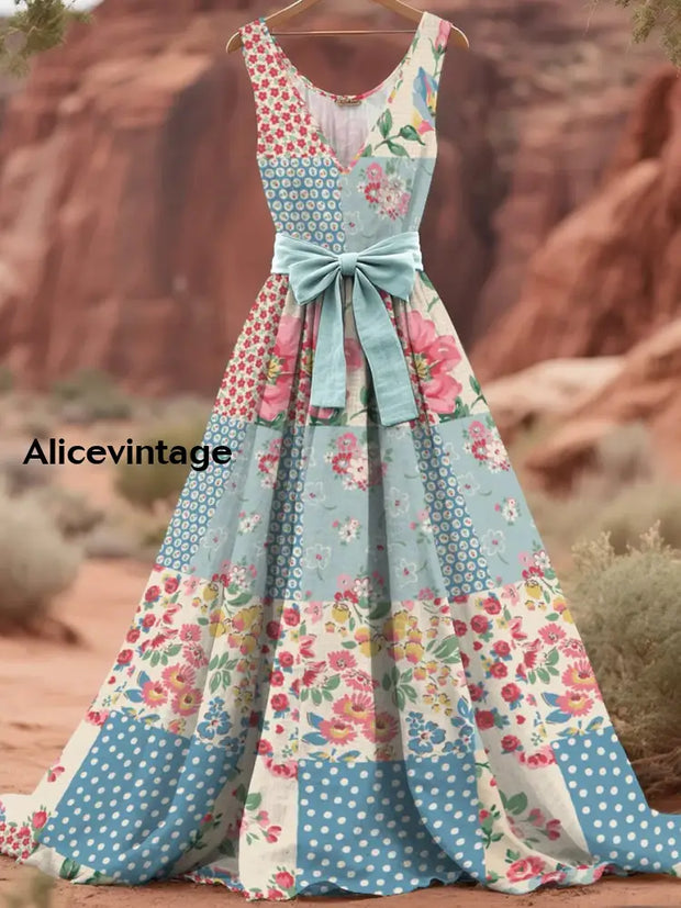 Retro Boho Floral Art Print V-Neck Sleeveless Maxi Dress – alicevintage