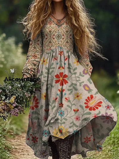 Retro Boho Floral Art Print Vintage Chic V-Neck Long Sleeve Midi Dress A / S