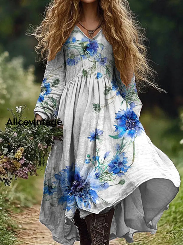 Retro Boho Floral Art Print Vintage Chic V-Neck Long Sleeve Midi Dress A / S