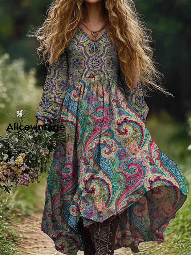 Retro Boho Floral Art Print Vintage Chic V-Neck Long Sleeve Midi Dress