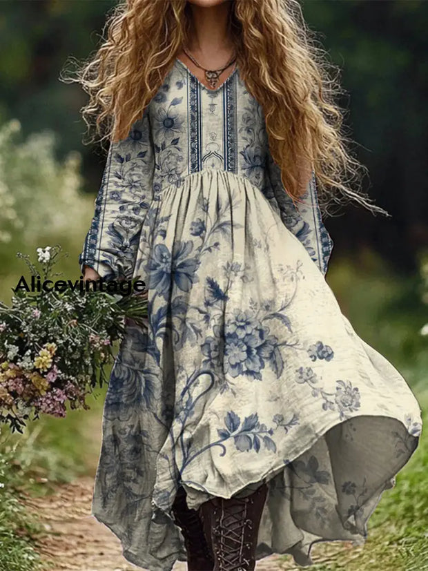 Retro Boho Floral Art Print Vintage Chic V-Neck Long Sleeve Midi Dress A / S