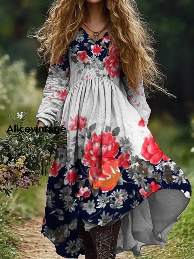 Retro Boho Floral Art Print Vintage Chic V-Neck Long Sleeve Midi Dress A / S