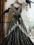 Retro Boho Floral Art Print Vintage V-Neck Lace Applique Patch Sleeveless Maxi Dress A / S