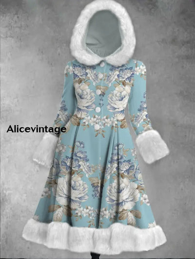 Retro Boho Floral Art Printed Elegance Furry Cuff Thick Long-Sleeved Fur Hooded Coat Midi Dress