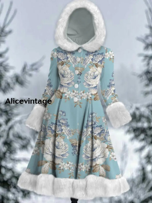 Retro Boho Floral Art Printed Elegance Furry Cuff Thick Long-Sleeved Fur Hooded Coat Midi Dress A /