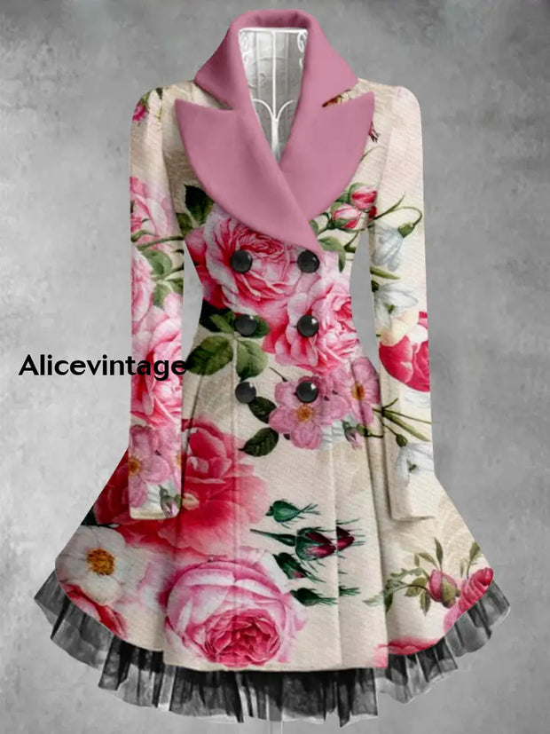 Retro Boho Floral Art Printed Elegant Lapel V-Neck Button Up Thick Long-Sleeved Mesh Gauze Midi