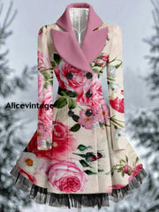 Retro Boho Floral Art Printed Elegant Lapel V-Neck Button Up Thick Long-Sleeved Mesh Gauze Midi