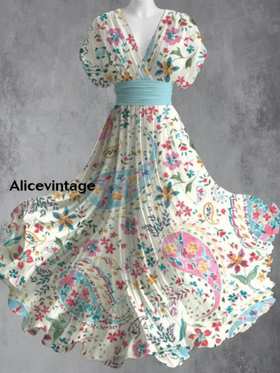 Retro Boho Floral Art Printed Elegant V-Neck Vintage Short Sleeve Maxi Dress A / S