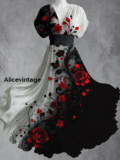 Retro Boho Floral Art Printed Elegant V-Neck Vintage Short Sleeve Maxi Dress A / S