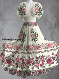 Retro Boho Floral Art Printed Elegant V-Neck Vintage Short Sleeve Maxi Dress A / S