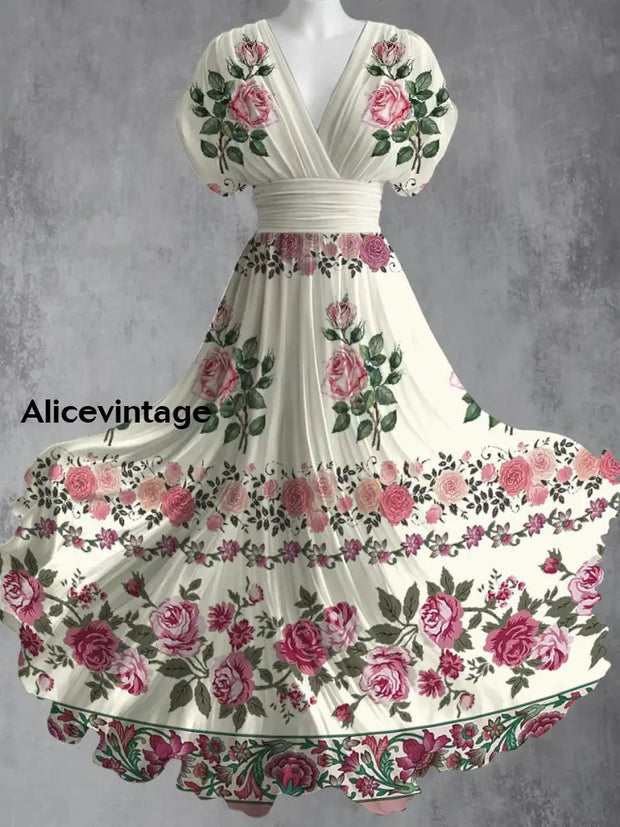 Retro Boho Floral Art Printed Elegant V-Neck Vintage Short Sleeve Maxi Dress A / S