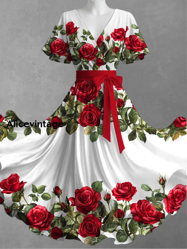 Floral Art Print V-Neck Short Sleeve Vintage Dress  alicevintage