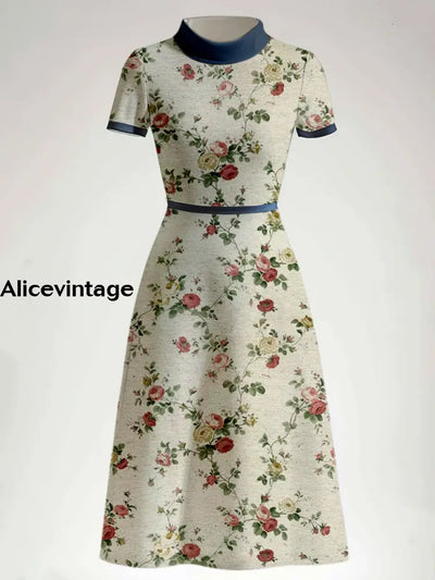 Retro Boho Floral Art Printed Half High Round Neck Vintage Short Sleeve Midi Dress A / S