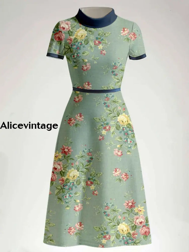 Retro Boho Floral Art Printed Half High Round Neck Vintage Short Sleeve Midi Dress A / S