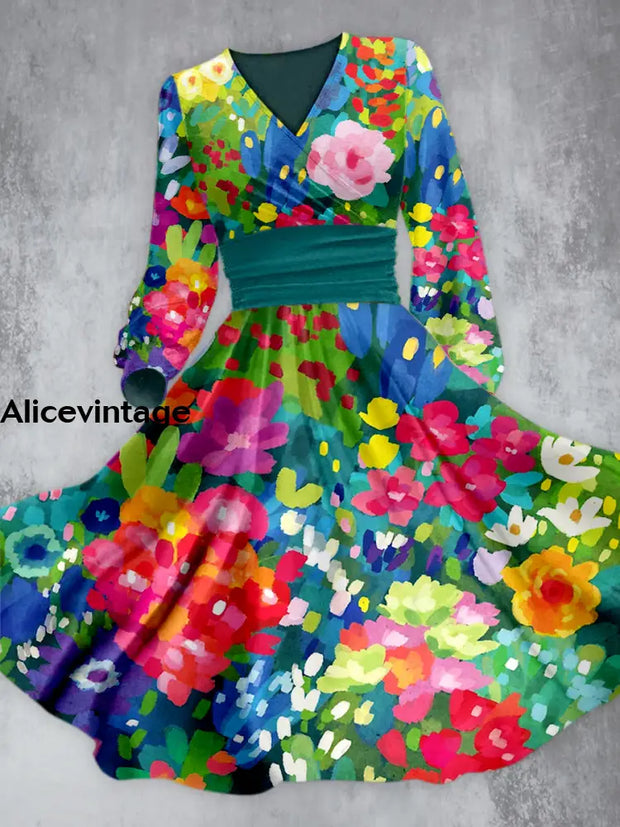 Retro Boho Floral Art Printed V-Neck Vintage Puff Long Sleeve Midi Dress A / S