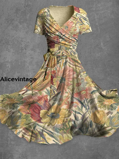 Retro Boho Floral Art Printed Vintage Cross Fold Short Sleeve Two-Piece Midi Dress A / S