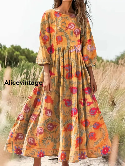 Retro Boho Floral Botany Print Vintage Chic Round Neck Cotton Long Sleeve Midi Dress A / S