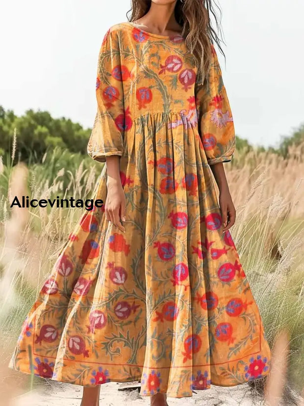 Retro Boho Floral Botany Print Vintage Chic Round Neck Cotton Long Sleeve Midi Dress A / S