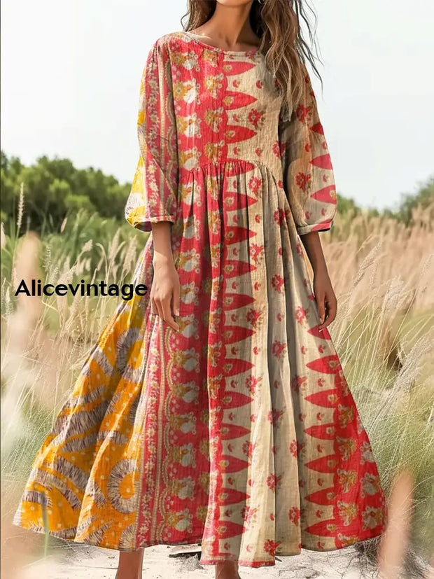 Retro Boho Floral Botany Print Vintage Chic Round Neck Cotton Long Sleeve Midi Dress A / S