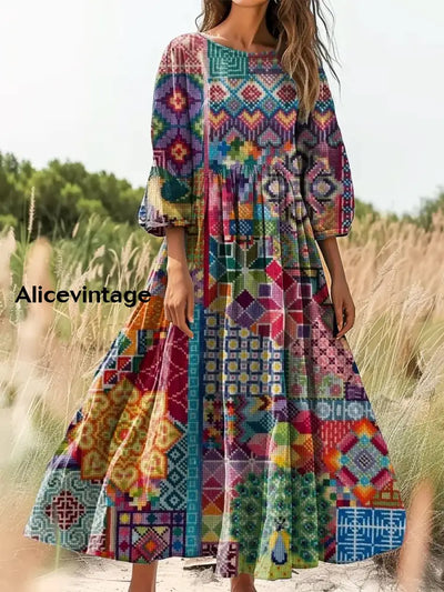 Retro Boho Floral Botany Print Vintage Chic Round Neck Cotton Long Sleeve Midi Dress A / S