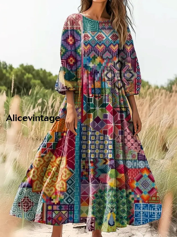 Retro Boho Floral Botany Print Vintage Chic Round Neck Cotton Long Sleeve Midi Dress A / S