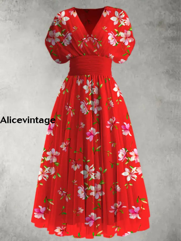 Retro Boho Floral Print Elegant V-Neck Chic Short Sleeve Maxi Dress A / S