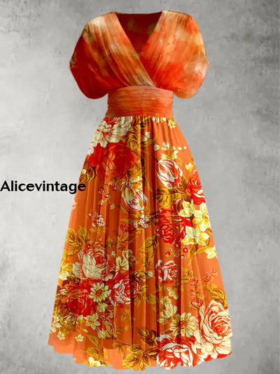 Retro Boho Floral Print Elegant V-Neck Chic Short Sleeve Maxi Dress A / S