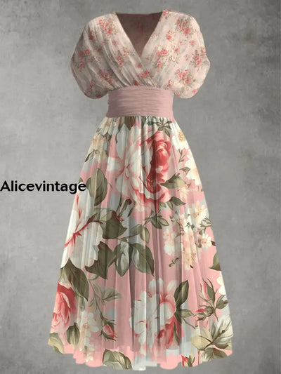 Retro Boho Floral Print Elegant V-Neck Chic Short Sleeve Maxi Dress A / S