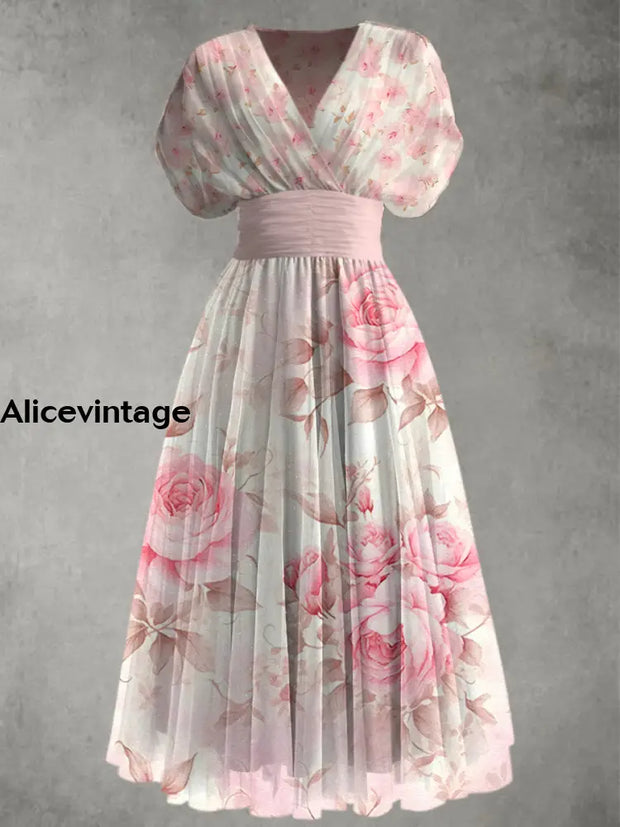 Retro Boho Floral Print Elegant V-Neck Chic Short Sleeve Maxi Dress A / S