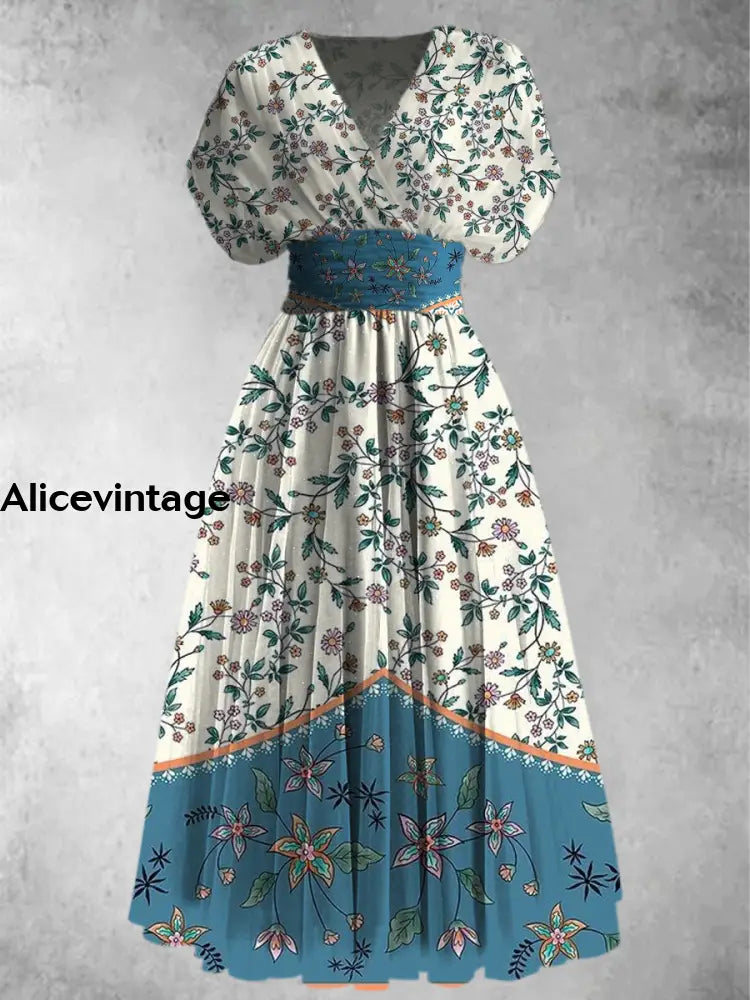 Retro Boho Floral Print Elegant V-Neck Chic Short Sleeve Maxi Dress A / S