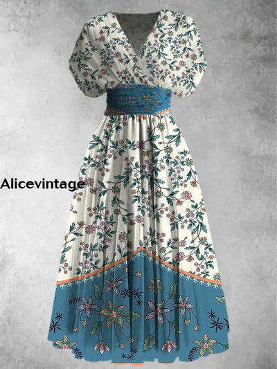 Retro Boho Floral Print Elegant V-Neck Chic Short Sleeve Maxi Dress A / S