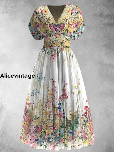 Retro Boho Floral Print Elegant V-Neck Chic Short Sleeve Maxi Dress A / S