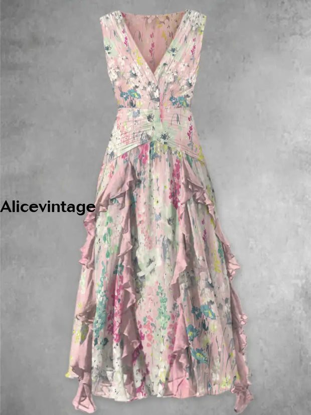 Retro Boho Floral Print V-Neck Chic Sleeveless Maxi Dress A / S