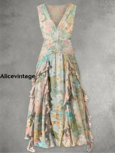 Retro Boho Floral Print V-Neck Chic Sleeveless Maxi Dress A / S