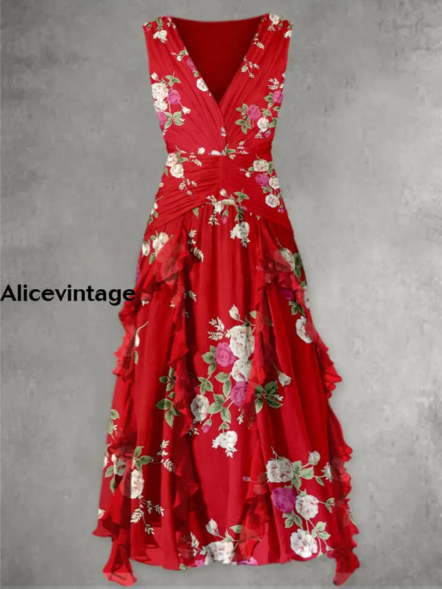 Retro Boho Floral Print V-Neck Chic Sleeveless Maxi Dress A / S